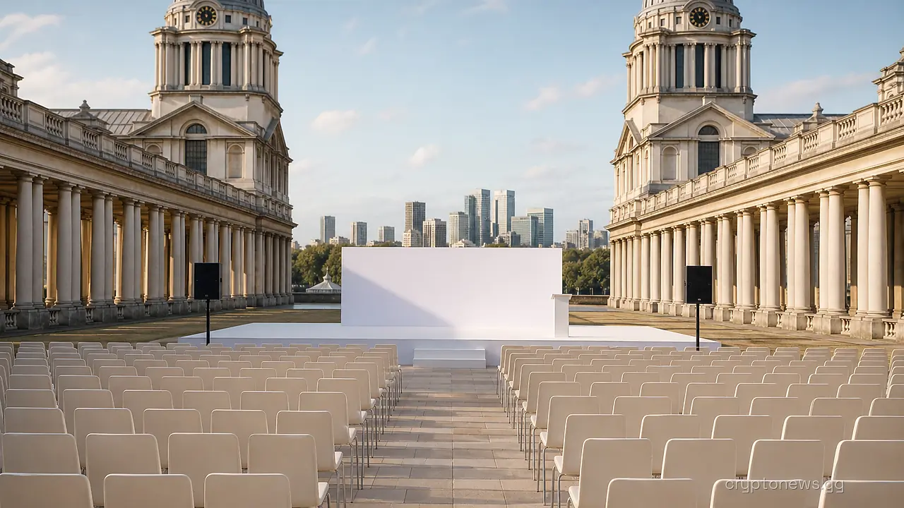 Baroque riverside courtyard of London's Old Royal Naval College set with a wide stage and empty chairs for a launch event