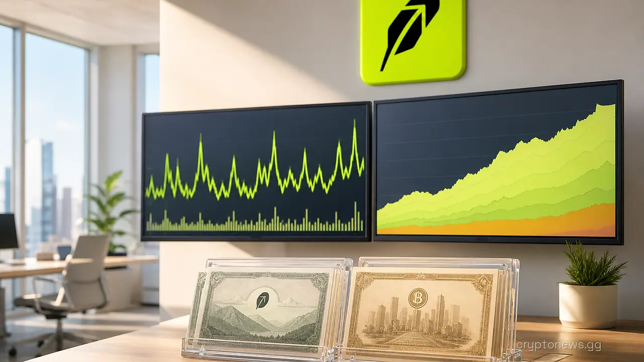 Two trading screens above a desk of tokenized stock and bond certificates in a Robinhood-branded brokerage office