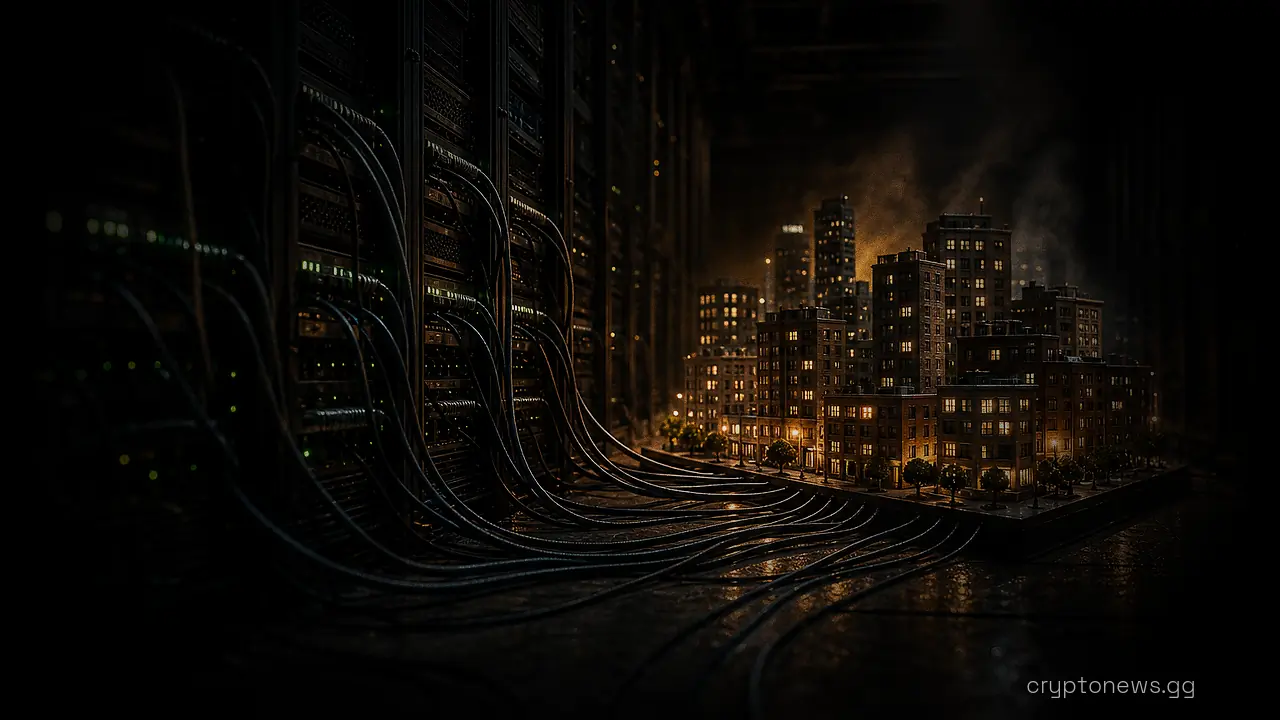 Server cabinets in a data center connected by cables to a scale model of a city block of apartment and office buildings