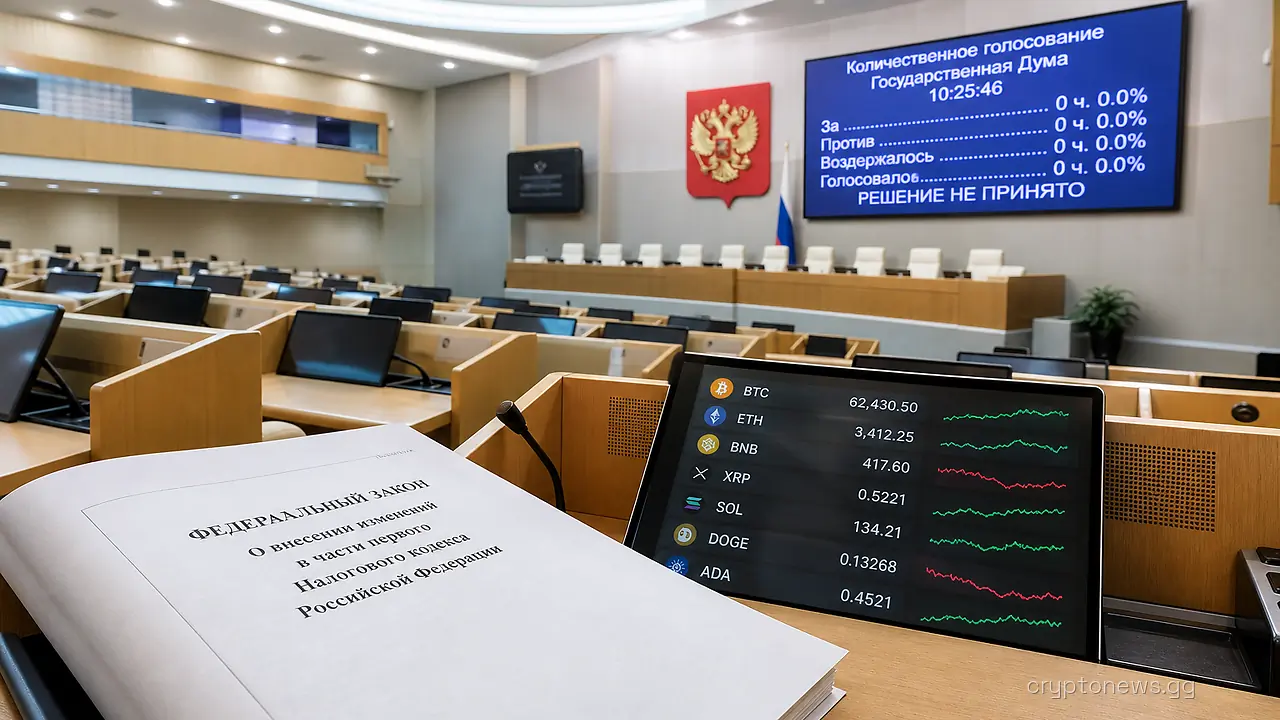 Russia's State Duma voting chamber with an electronic tally board, a printed bill, and a crypto price ticker screen