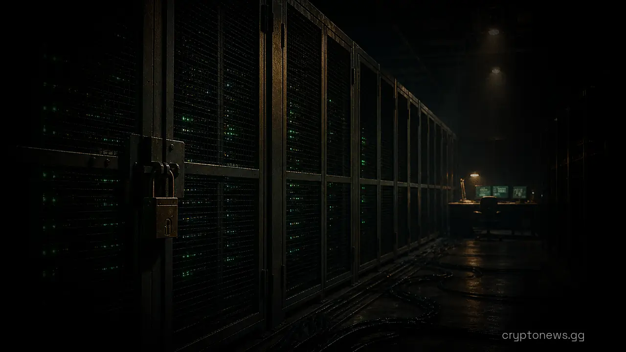 Rows of sealed server racks behind a steel enclosure in a long data hall, cables running toward an empty operations desk