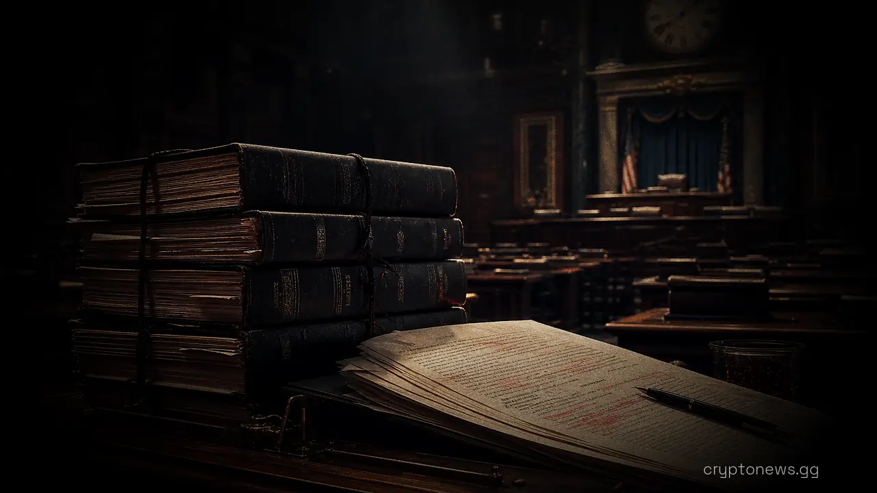 Bill volumes and negotiation drafts stacked on a Senate desk in an empty chamber below a wall clock