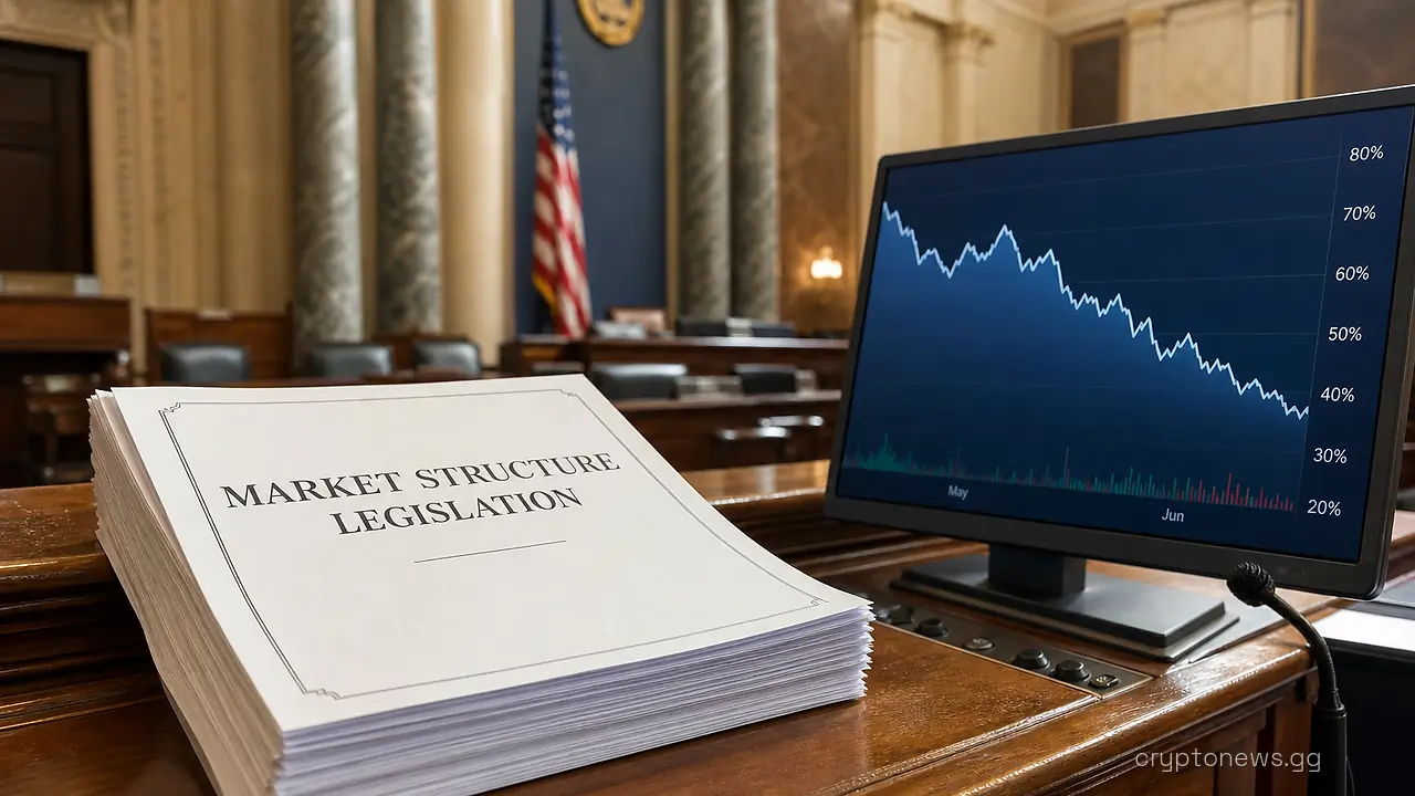 Open printed bill on a Senate committee dais beside a trading terminal showing a falling prediction-market line