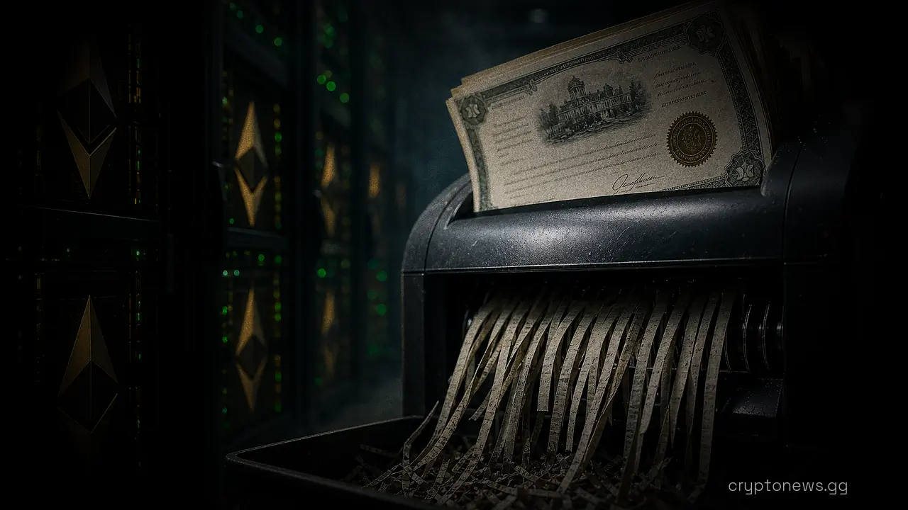 Ethereum validator server racks beside a shredder consuming stock certificates