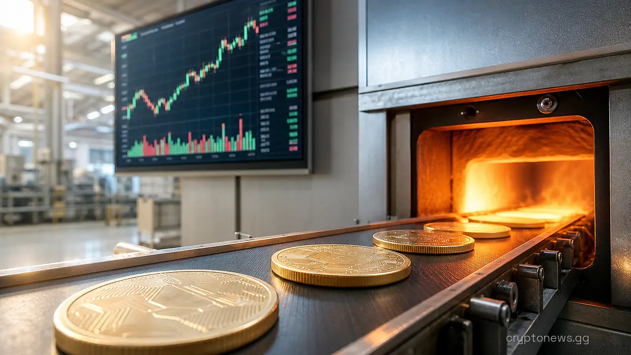 Conveyor belt feeding metal discs into a warehouse furnace below a trading screen with Shiba Inu branding