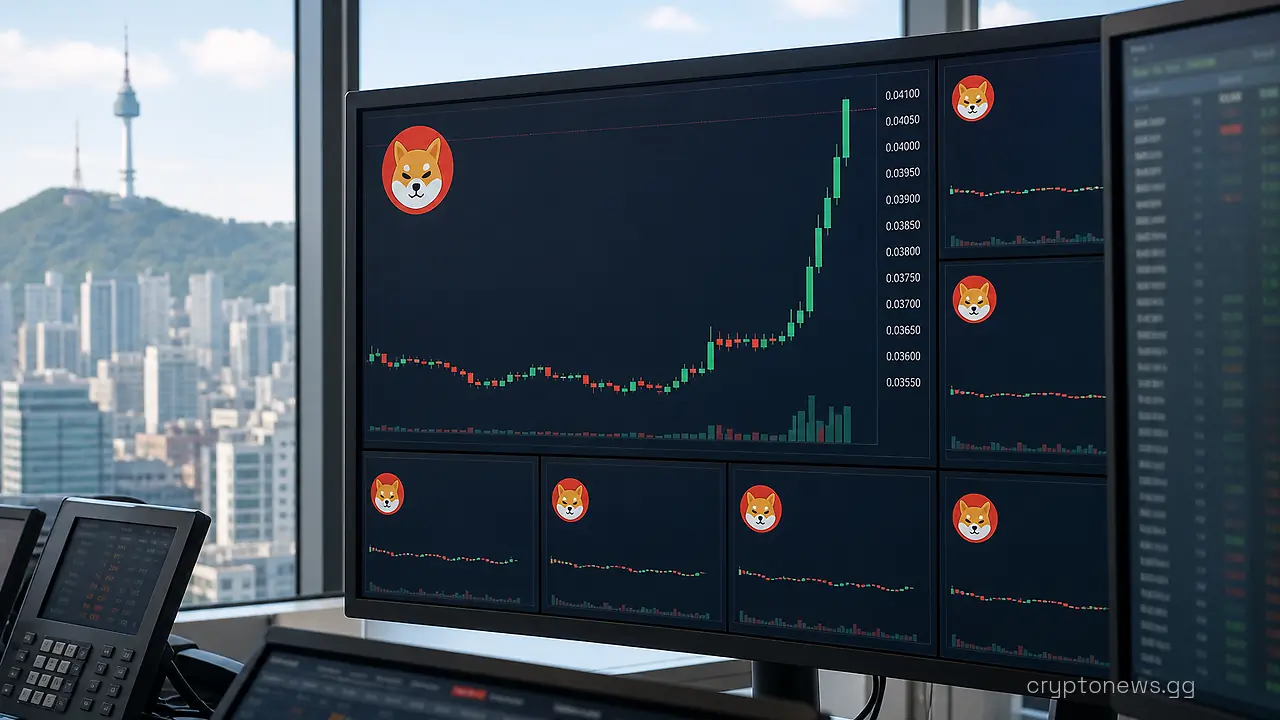 Trading terminals in a Seoul office, one screen showing a Shiba Inu won-pair chart spiking while other tickers stay flat