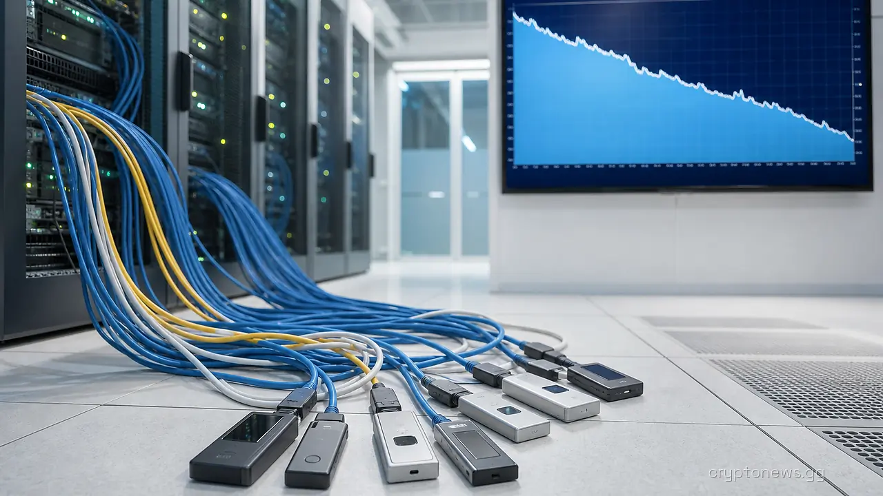Exchange server racks with cables running to personal hardware wallets and a wall monitor showing a falling line