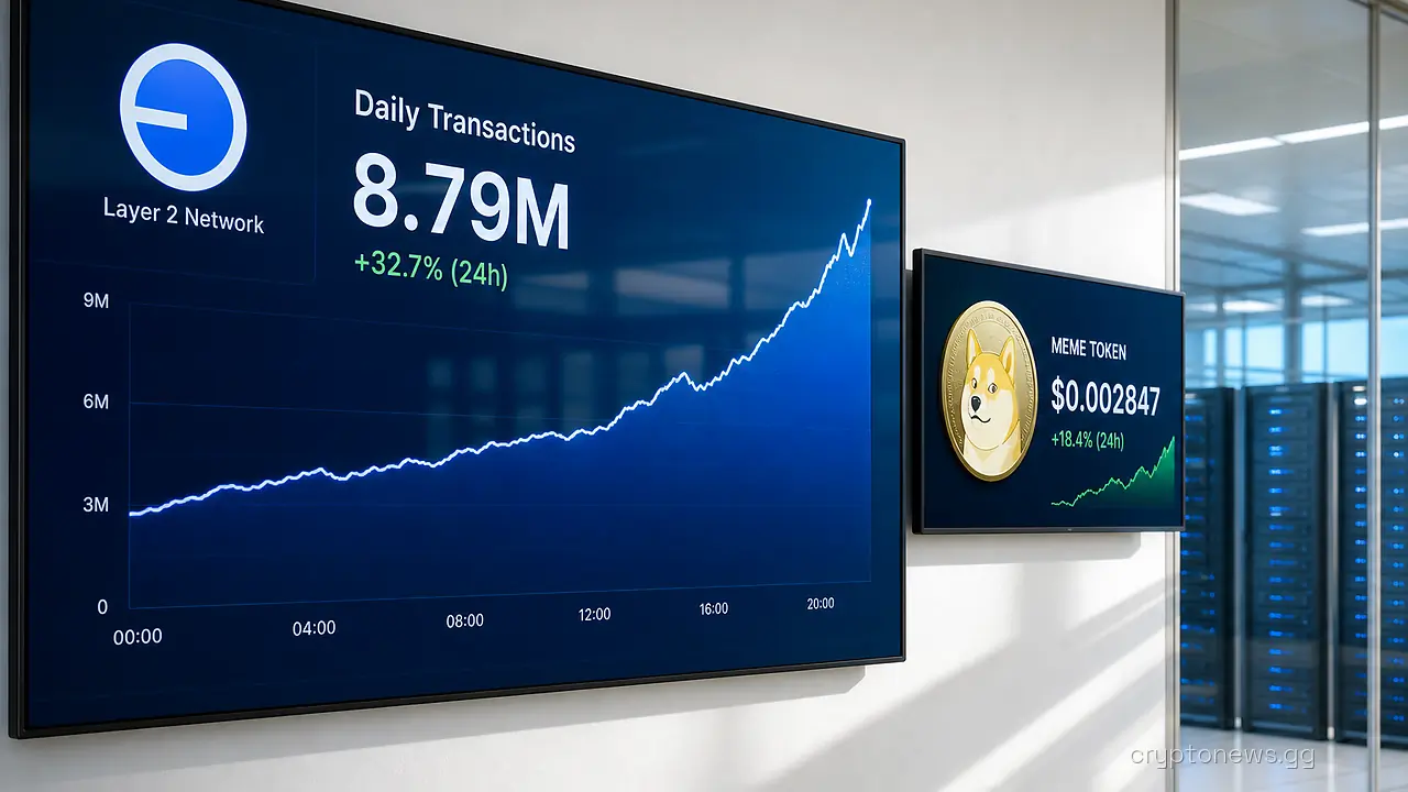Operations monitor with a rising transaction line beside a flat token price ticker in a data center