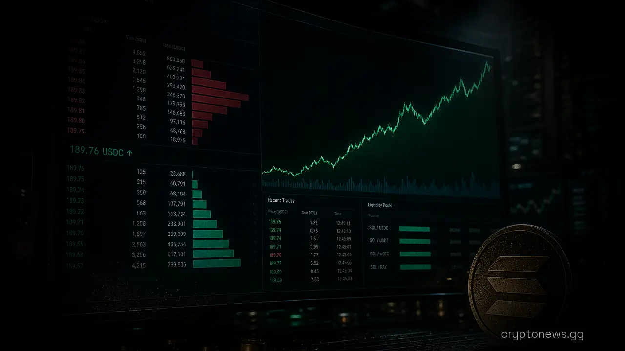 Trading terminal screen showing a Solana exchange order book with thinning liquidity bars beneath a rising price chart line