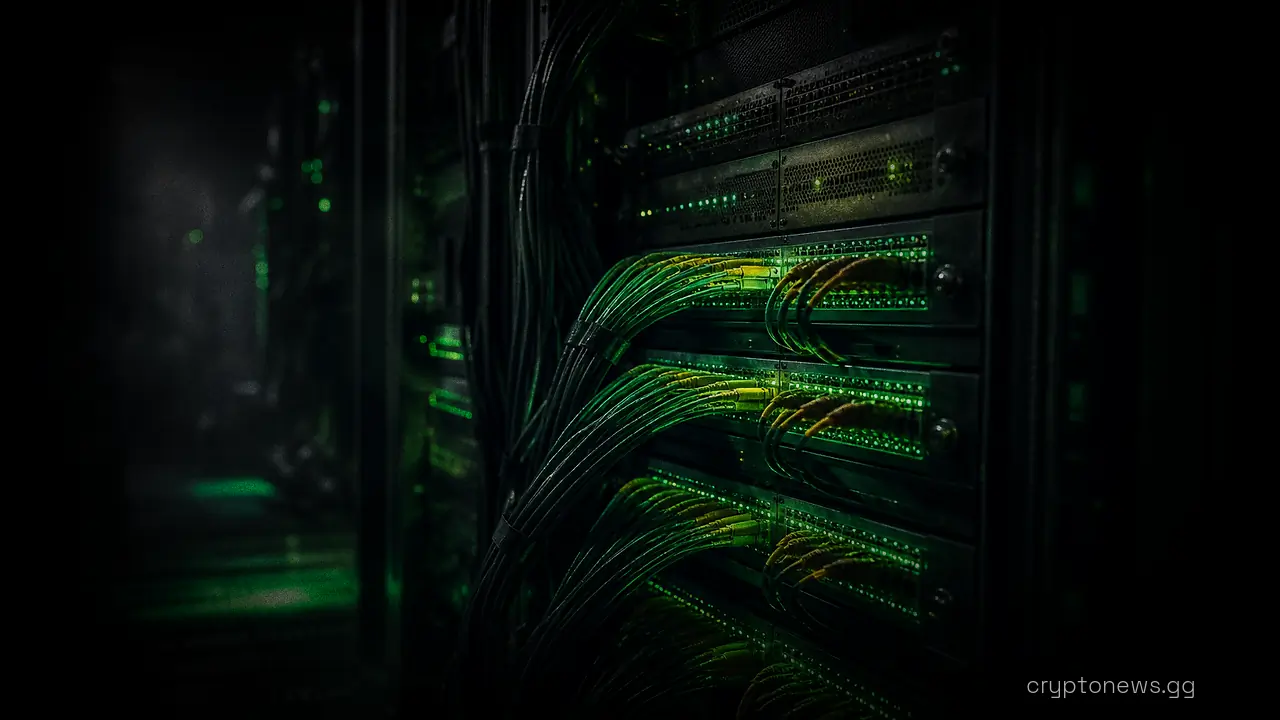 A server rack in a data hall with bundled fiber cables feeding its network switches
