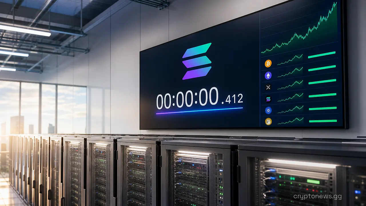 Validator server racks in a data center below a wall screen showing a finality countdown and crypto price tickers