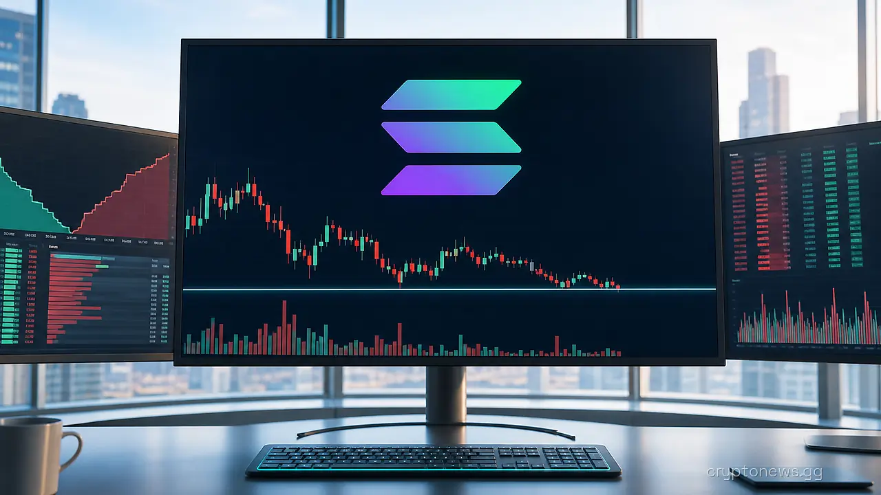 Trading terminal displaying the Solana logo above a price chart flattening against a horizontal support line