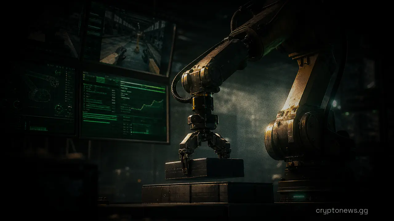Robotic arm gripping an object in a warehouse below screens showing live camera feeds