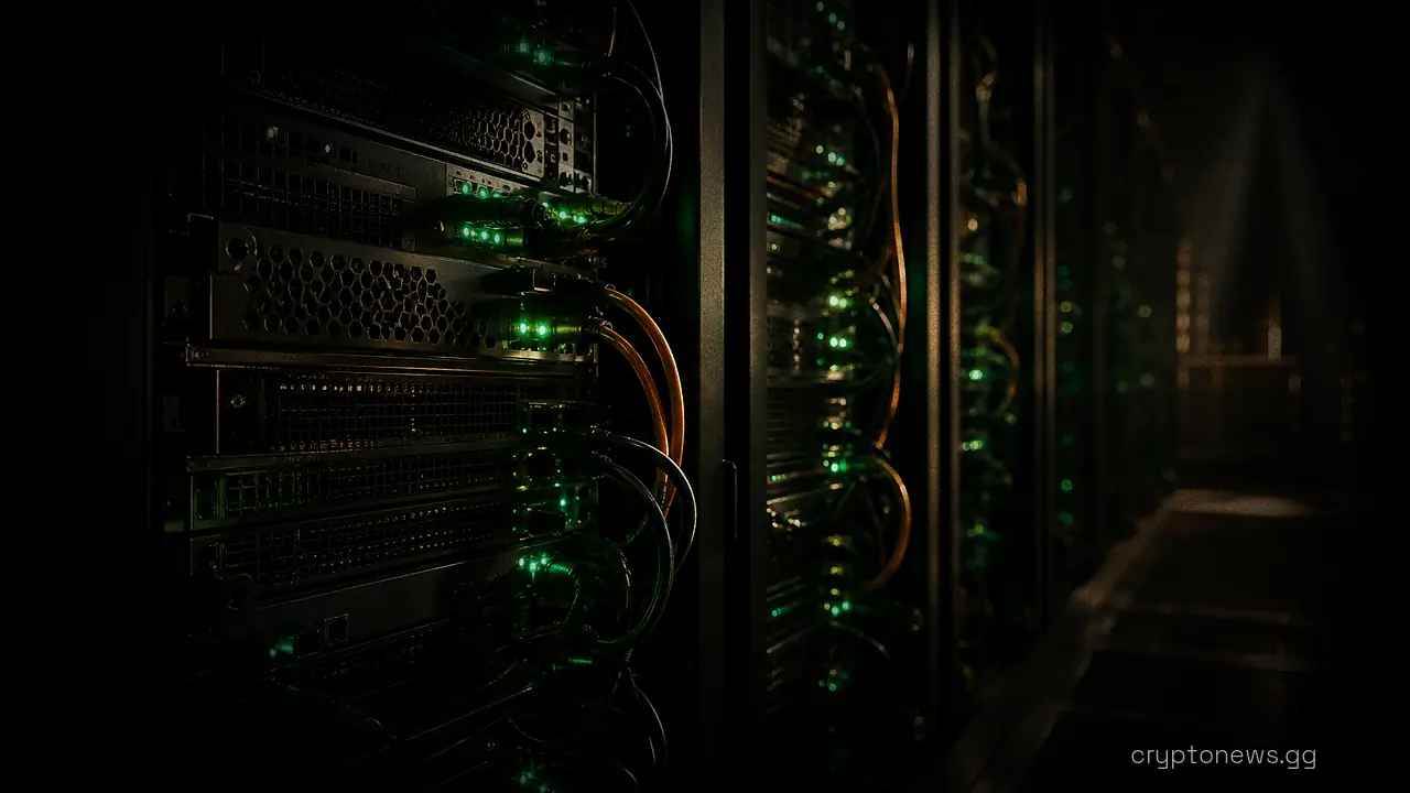 An aisle of open server racks and thick cabling inside a data center hall