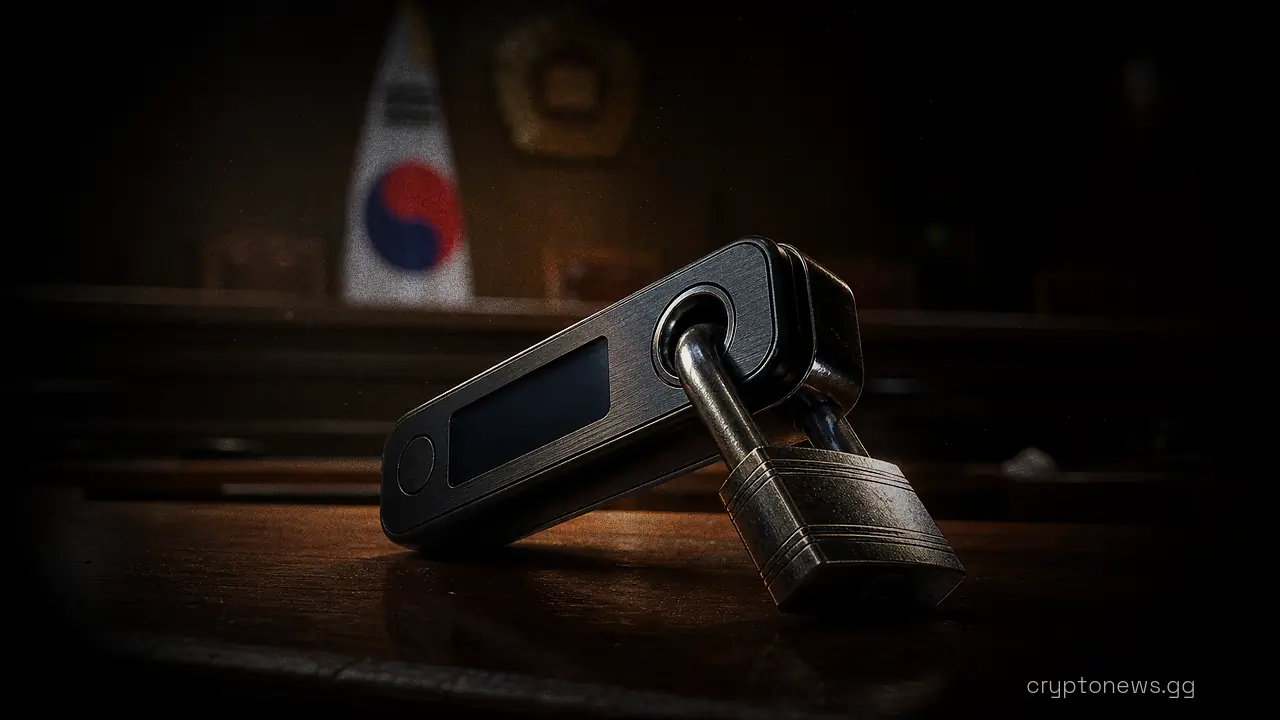 A hardware wallet secured with a small padlock on a wooden courtroom bench