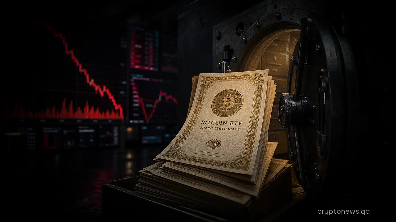 Trading terminals showing a red decline chart beside bitcoin ETF certificates removed from an open vault door