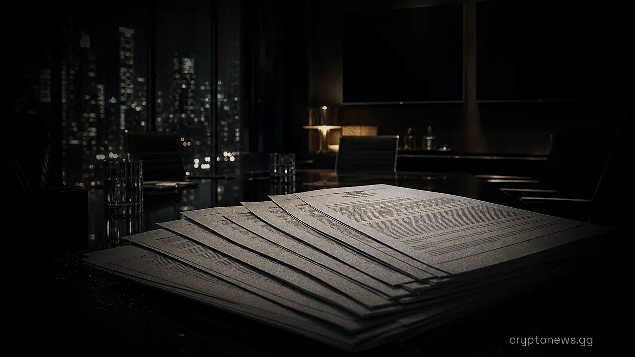 Printed documents spread across a glass boardroom table in a high-rise office with blank wall-mounted screens