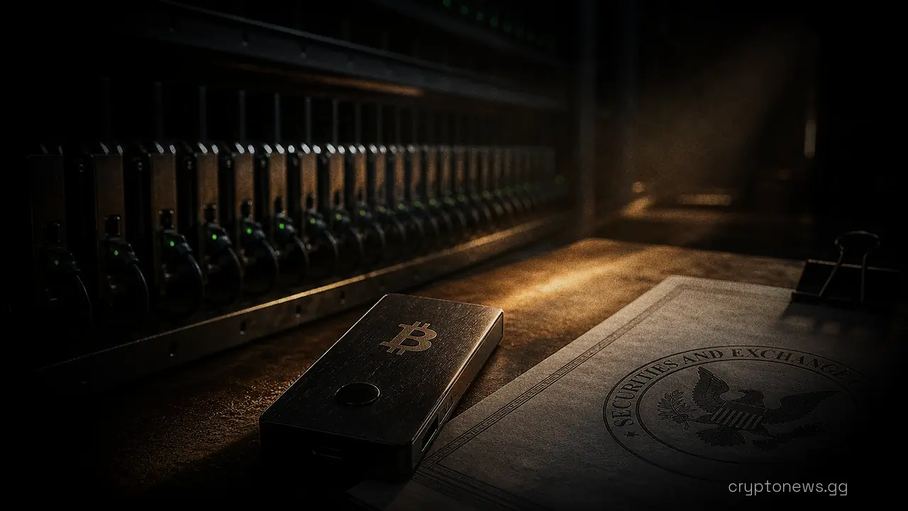 A single hardware wallet unplugged beside a server rack of connected wallets and an SEC filing document
