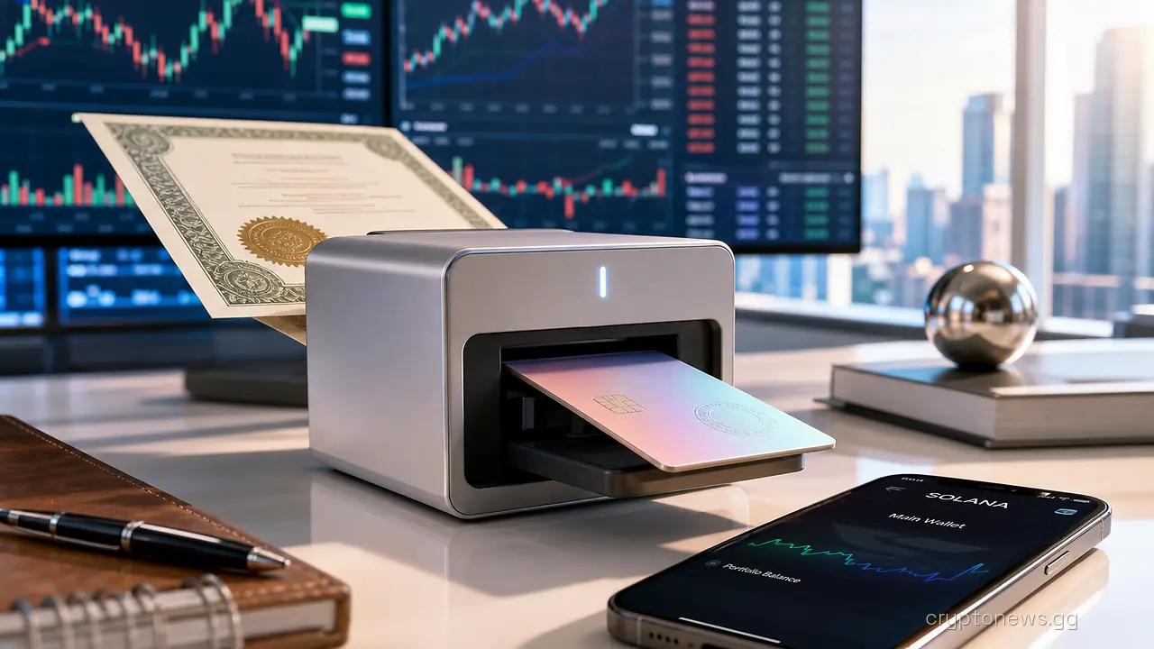 A share certificate being minted into a token beside a phone with a Solana wallet app on a trading desk