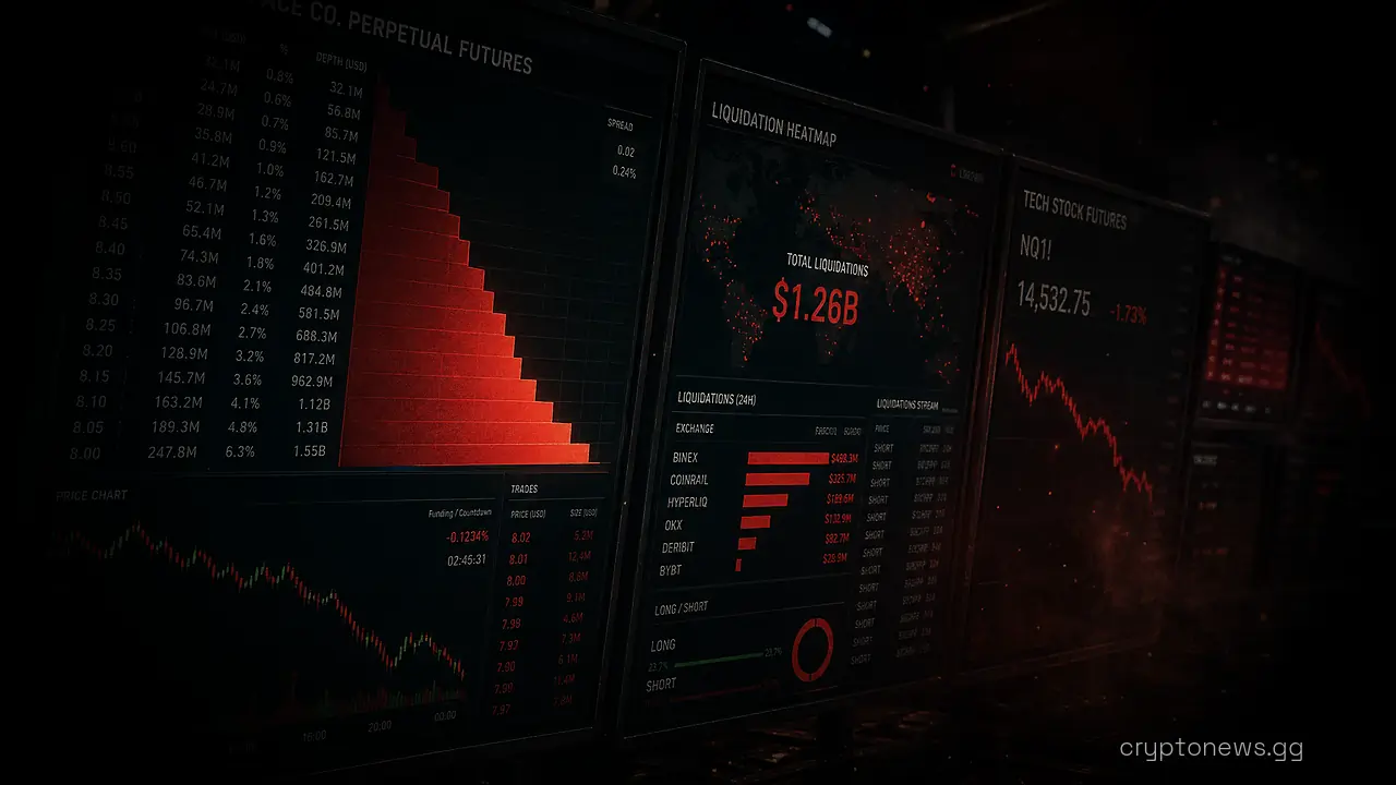 Trading floor screens show order-book depth and liquidation charts beside a falling tech-stock futures line
