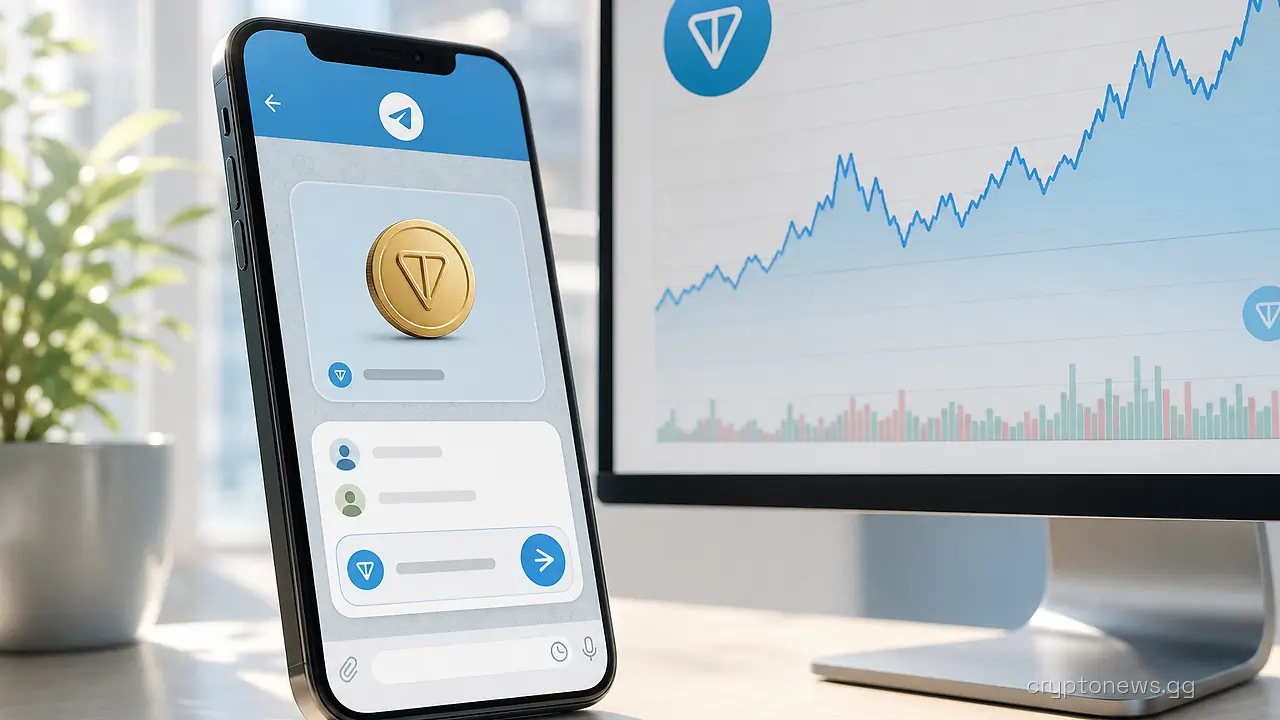 A smartphone showing an open Telegram chat with a crypto send panel and token balance beside a screen with a price line