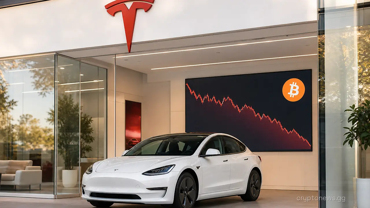 A Tesla car parked in a glass showroom below Tesla signage, with a wall screen showing a falling bitcoin price chart