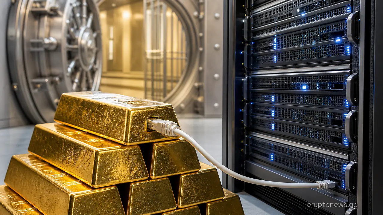 Stacked gold bullion bars connected by a cable to a server rack inside a vault