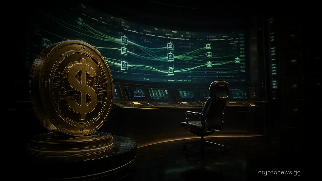 Empty operator chair at a control desk facing a curved wall of ledger-flow screens in a stablecoin treasury room