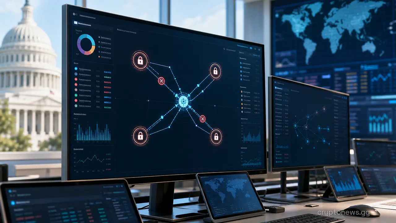 Blockchain analytics workstations in a government operations room showing a wallet transaction graph with halted flows