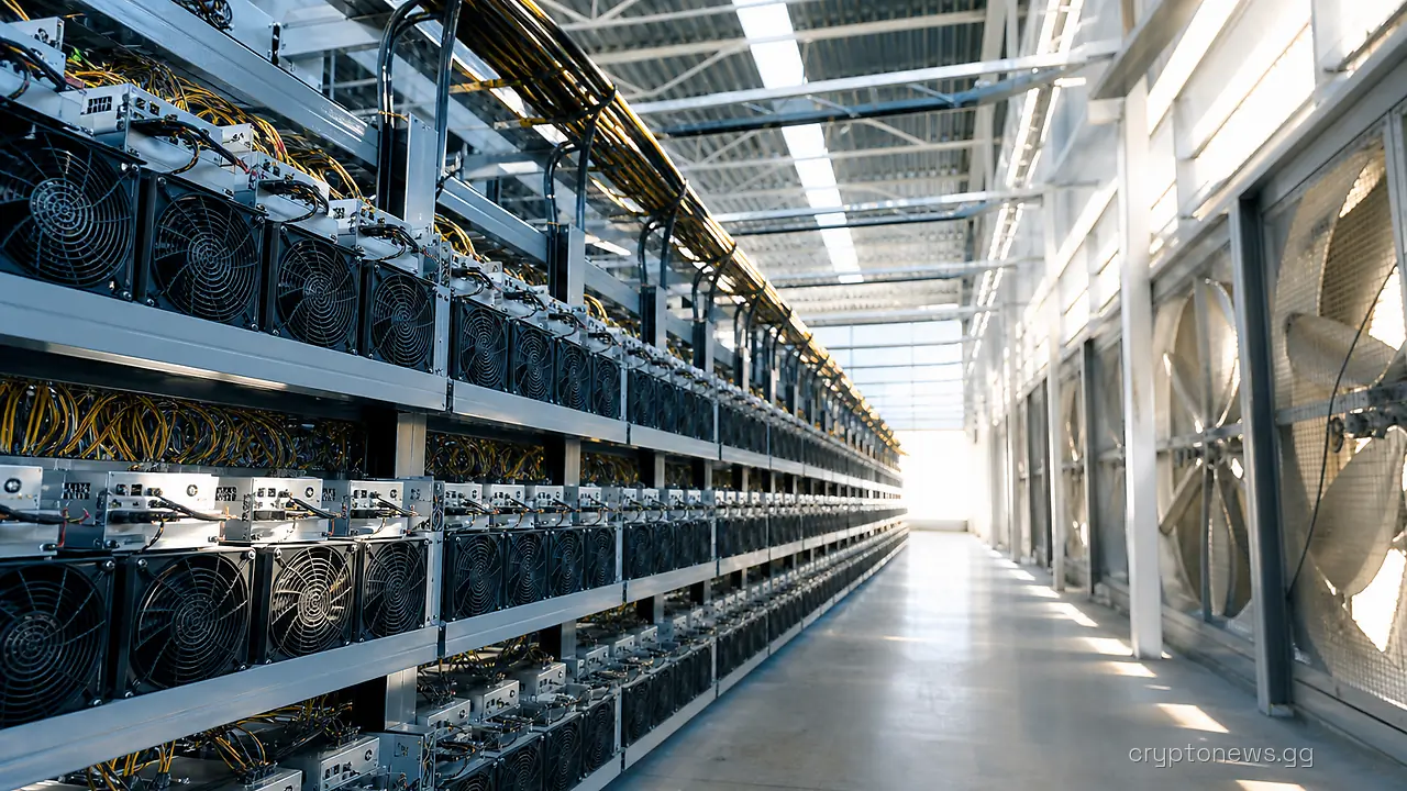 Rows of ASIC mining rigs on metal racks inside a large industrial warehouse with cooling fans along the wall