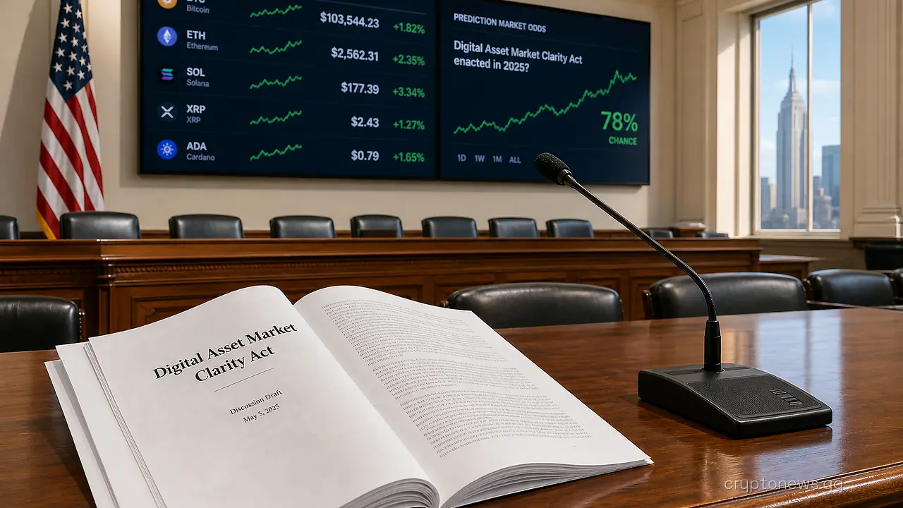 Empty hearing room with a printed bill beside a microphone and wall screens showing crypto price charts