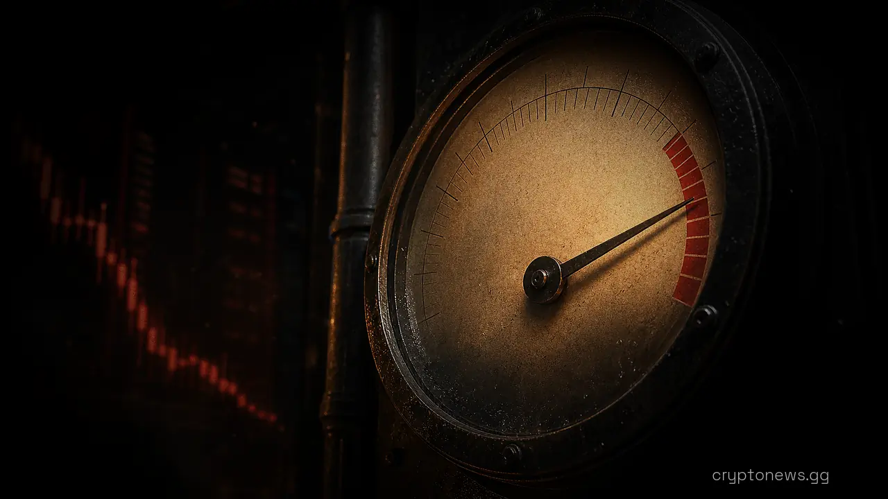 A large wall-mounted analog meter with a single needle swung to the far edge of its wide semicircular dial face