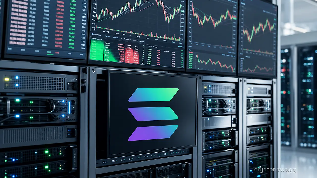 Trading terminals showing stock charts mounted above Solana validator servers in a data center
