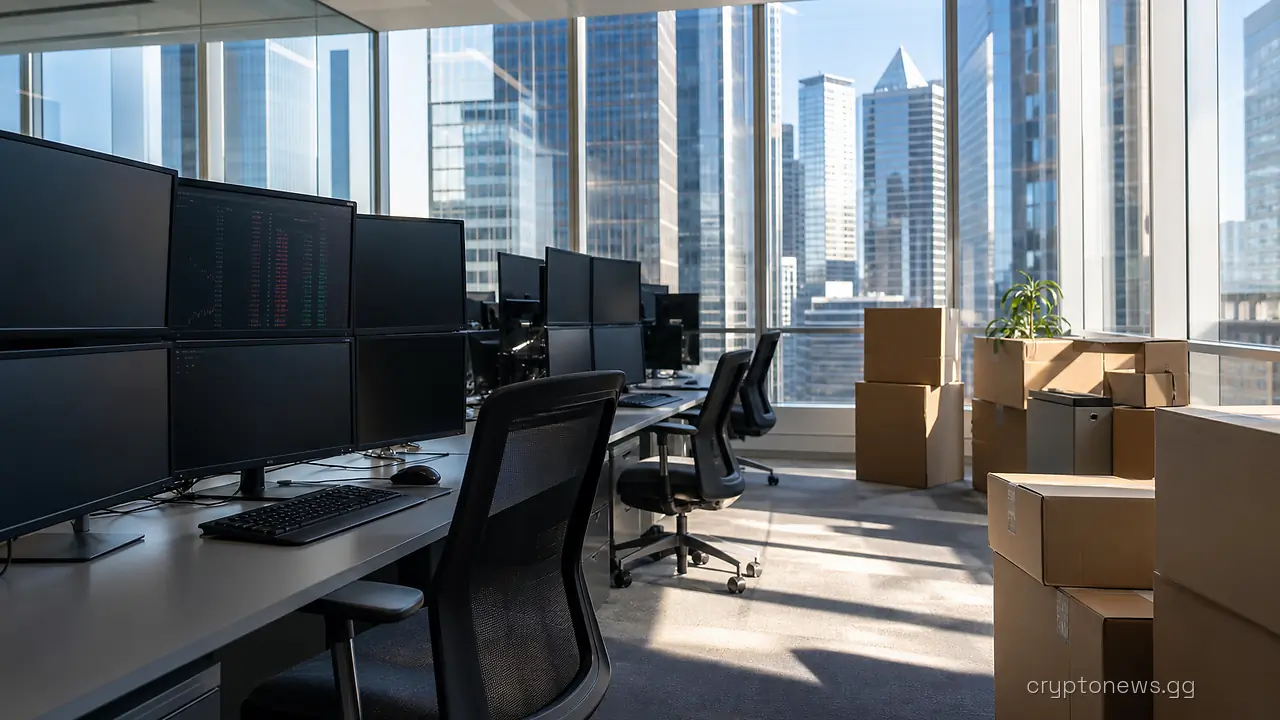 Empty crypto exchange trading floor with powered-down monitors, one showing an order book, and moving boxes by the window