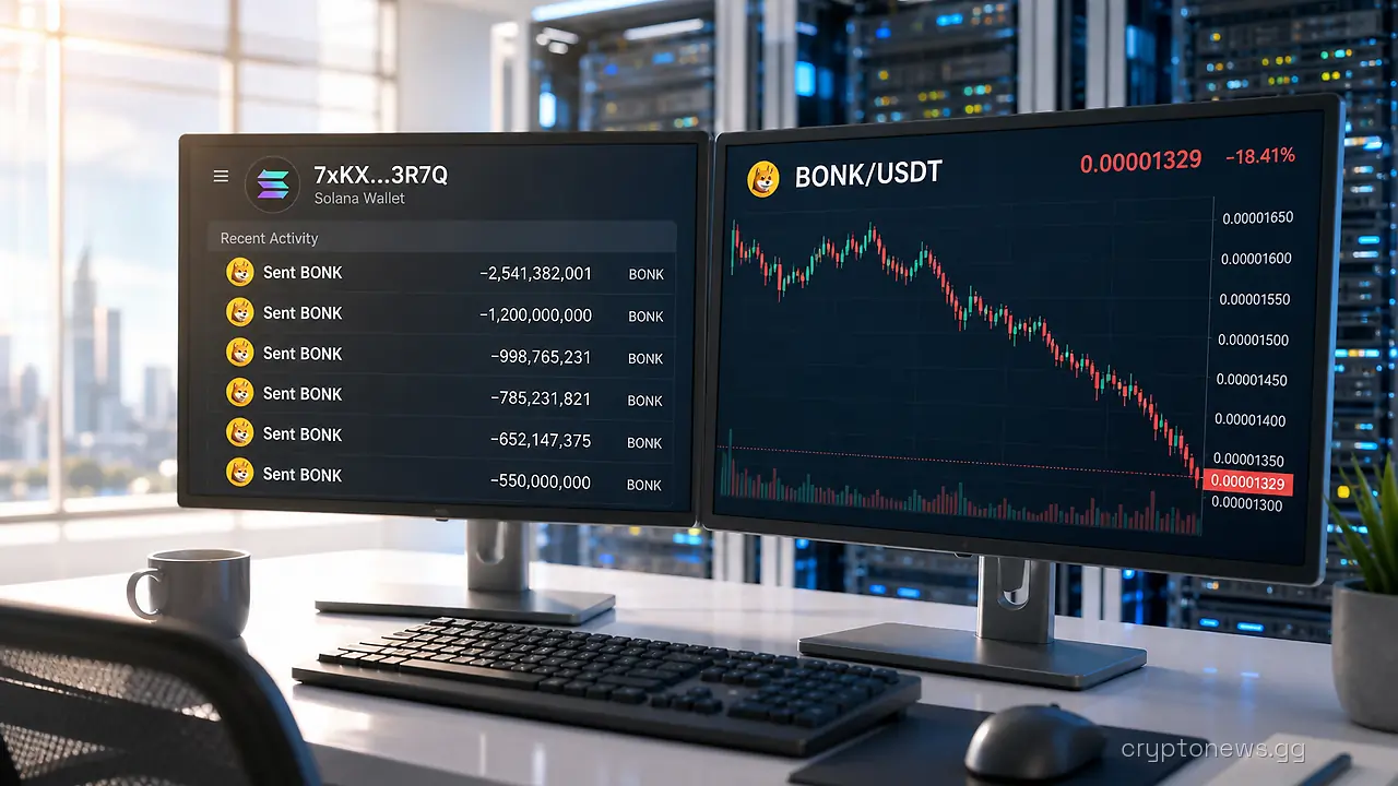 Trading desk monitors tracking a Solana wallet emptying of BONK tokens beside a falling price chart