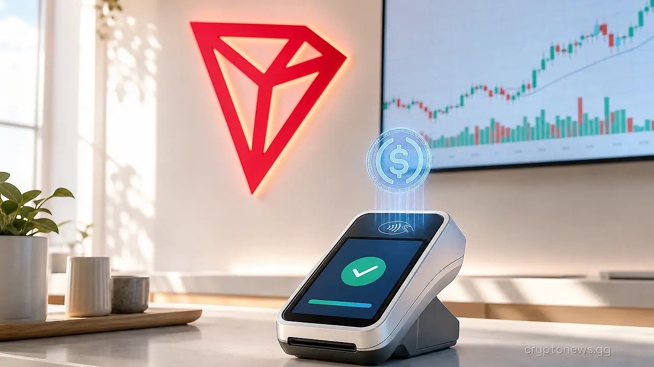 A contactless payment terminal on a merchant counter with a price ticker screen and Tron signage behind it