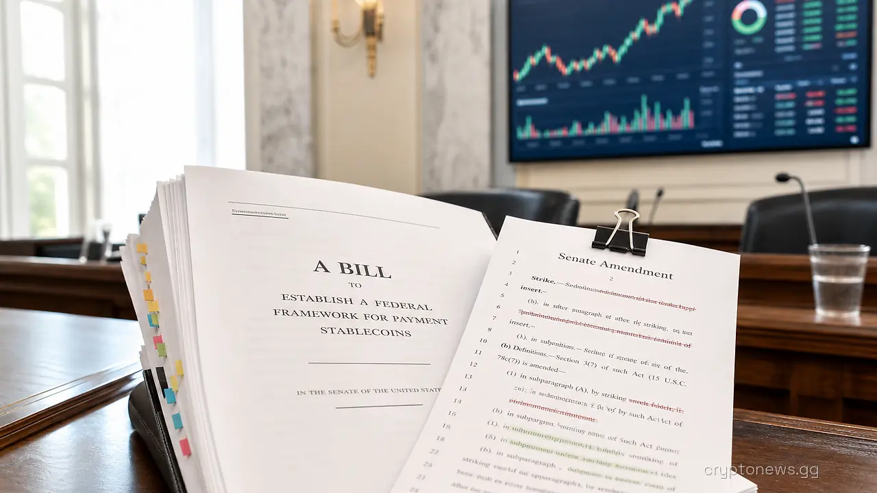 A marked-up Senate bill and clipped amendment page on a hearing-room table with crypto price charts on a wall monitor behind