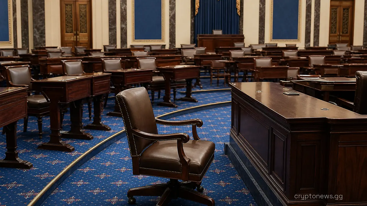 Empty leather chair pulled back from a vacant mahogany desk in the tiered semicircular United States Senate chamber