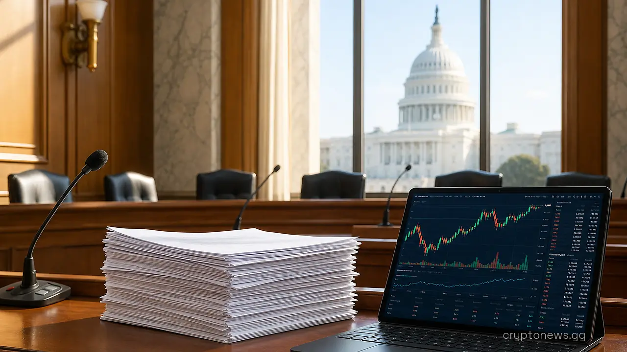 Empty Senate hearing room with legislative papers beside a trading terminal showing crypto price charts