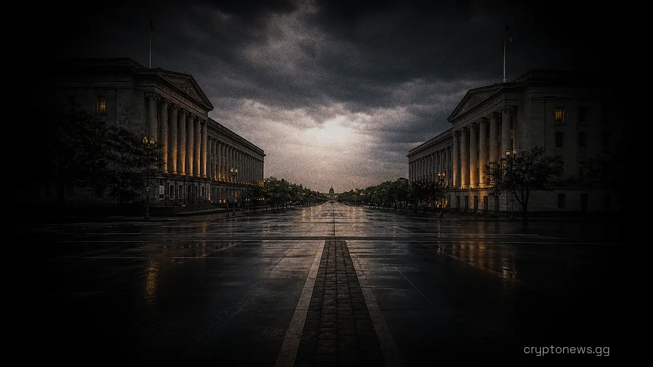 Two columned federal government buildings in Washington facing each other across a wide empty avenue