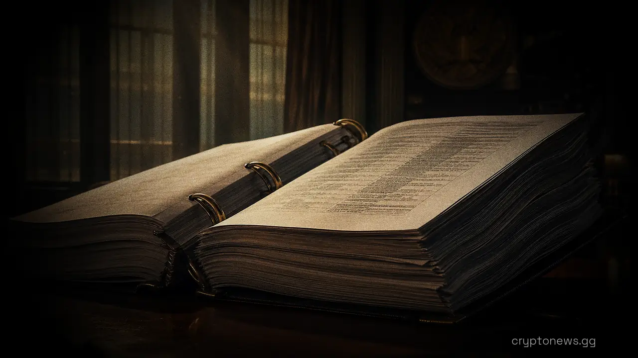 A thick bound government report lying open on a heavy wooden desk in a formal office with tall windows