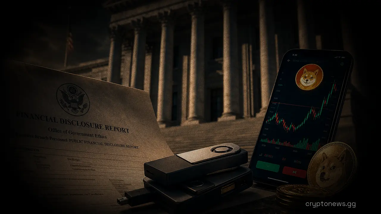 A financial disclosure document beside stacked hardware wallets and a phone showing a trading chart in front of a government building