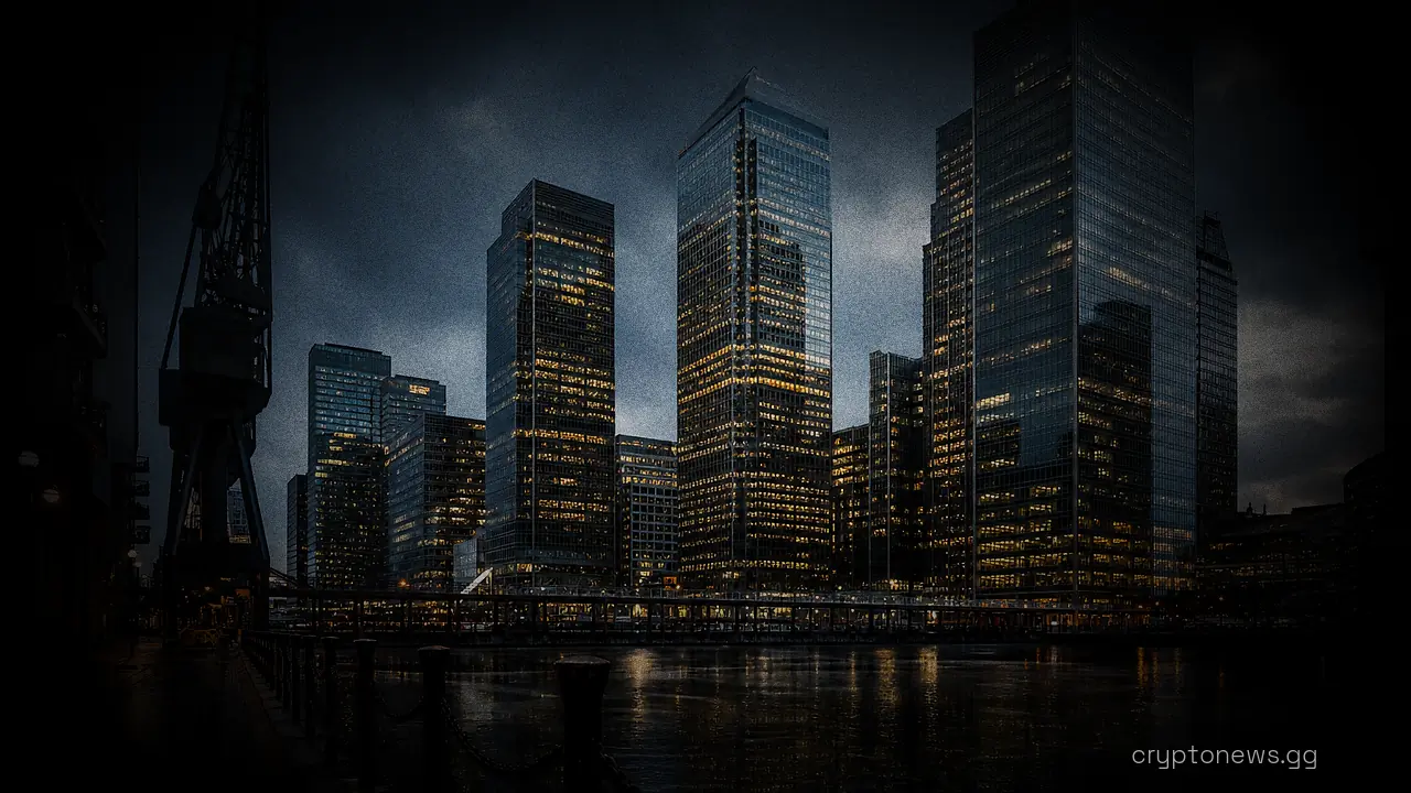 Glass office towers of London's Canary Wharf financial district rising above the waterside promenade and dock