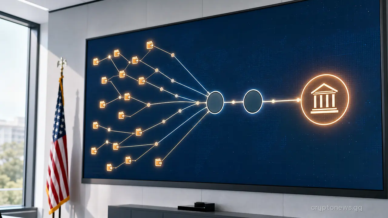 Wall monitor showing a branching network of wallet nodes and lines converging into a single exchange hub