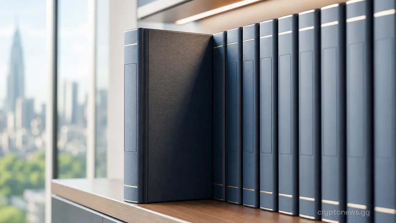Rows of matching prospectus binders on an office shelf with one binder eased forward ahead of the others