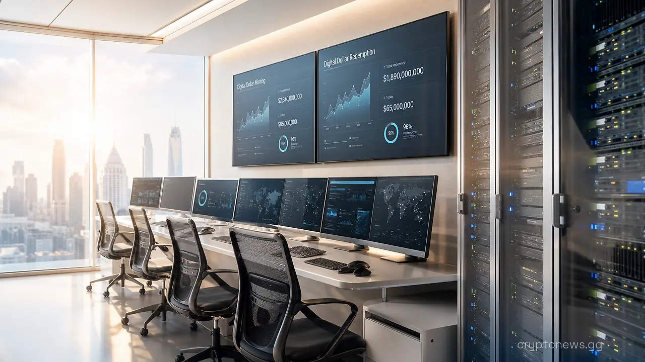 Bank operations center with settlement servers and screens showing stablecoin minting dashboards under Visa signage