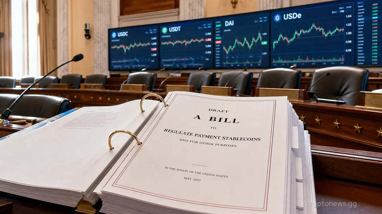 A bound legislative draft on a Senate committee dais with trading terminals showing crypto charts behind it