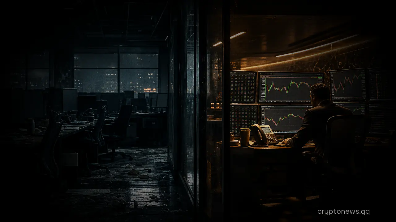 A divided trading floor with one side of dark abandoned desks and one side of lit active monitors behind a glass partition