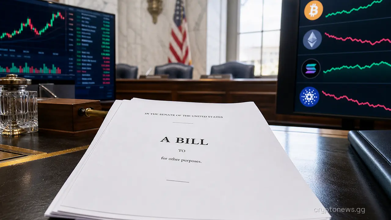 An unsigned printed bill on a Senate committee desk beside monitors showing crypto market tickers
