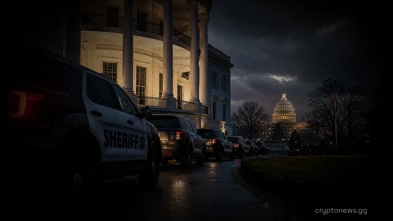 Sheriff patrol vehicles lined along the White House driveway with the Capitol dome in the distance